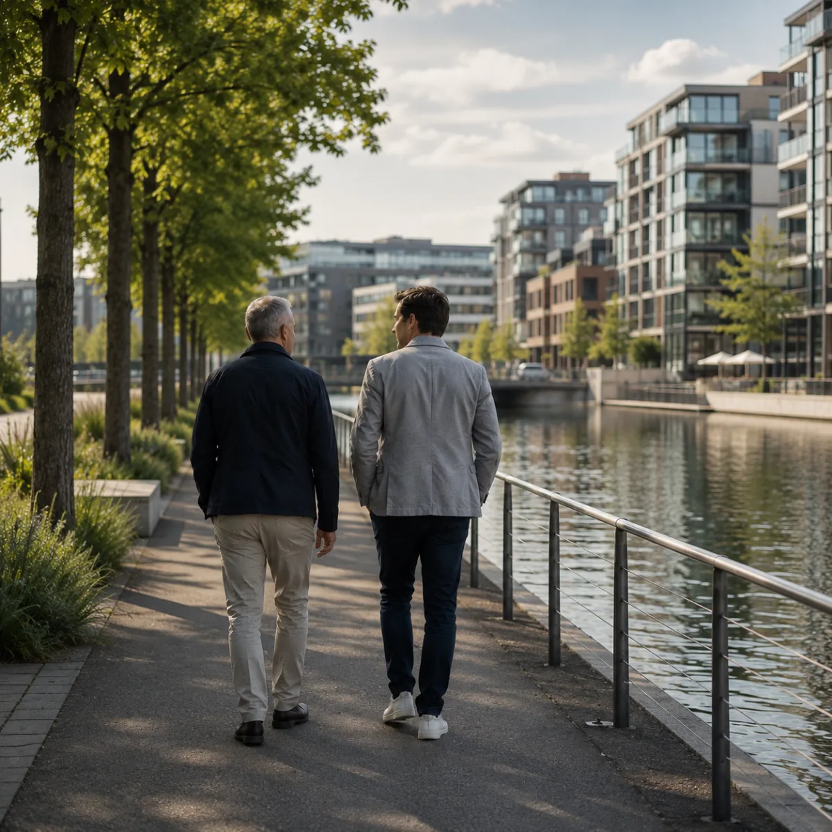 Two colleagues walking and talking along a waterfront promenade.